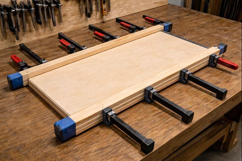 plywood panel clamped flat using cauls and bar clamps