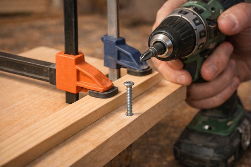 clamped wood strip while driving a screw slowly