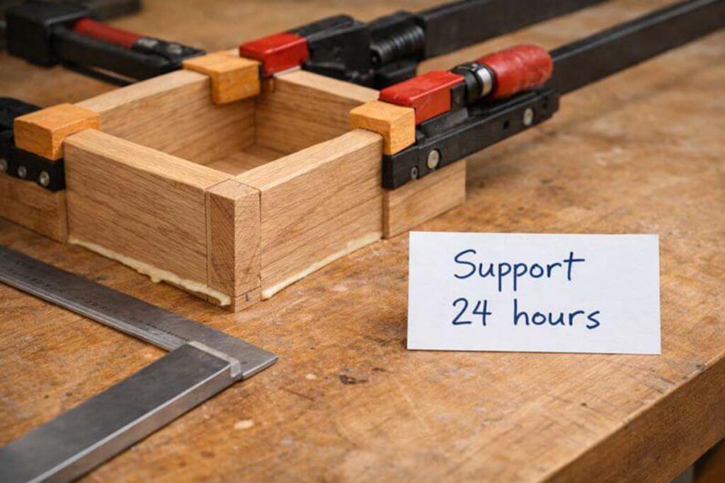 clamped wood assembly supported for curing