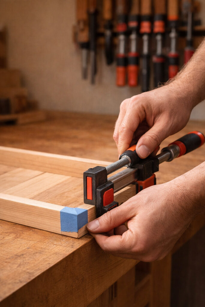 hands tightening a clamp on a tray corner joint