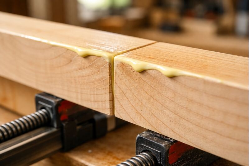 close up of clean wood glue seam with squeeze out