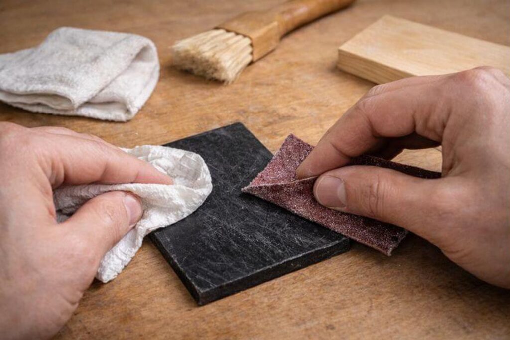 hands cleaning and scuff sanding plastic before gluing