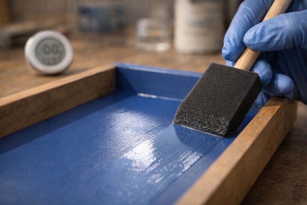 foam brush applying clear topcoat over painted tray surface