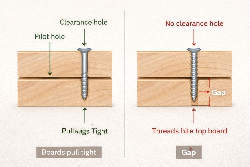 clearance hole helps boards pull tight