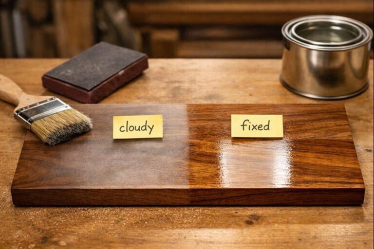 cloudy clear coat on wood with clear fix result