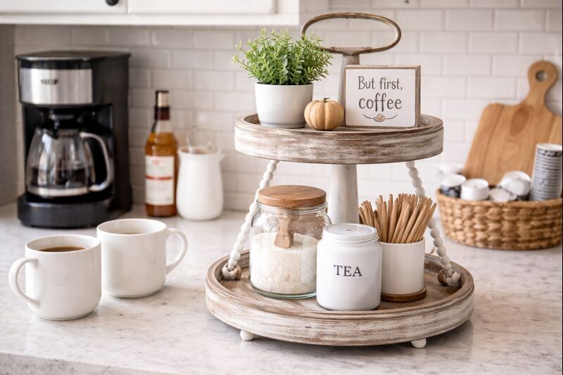 coffee station tray with jars and mini sign