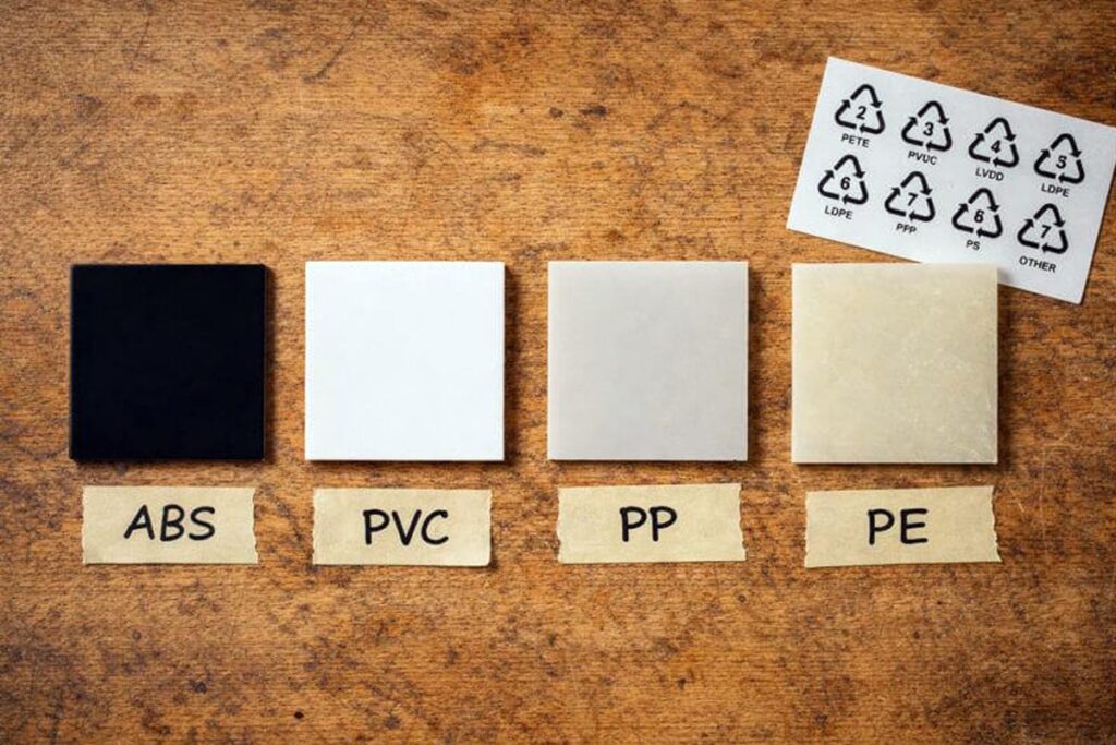 small labeled plastic samples showing abs pvc pp and pe