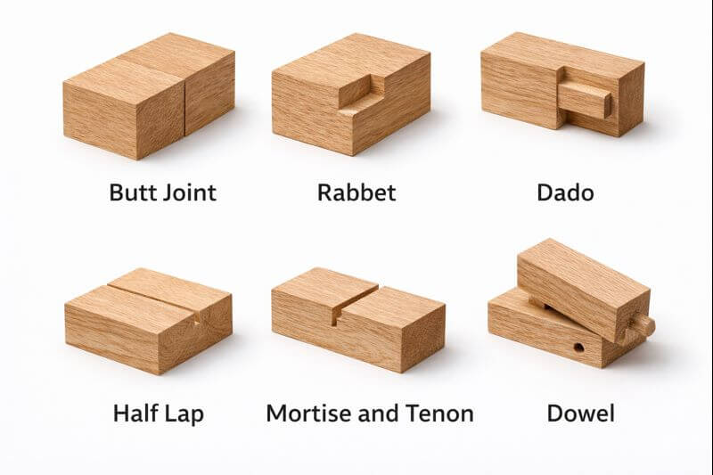 wood joint samples labeled butt rabbet dado half lap mortise dowel