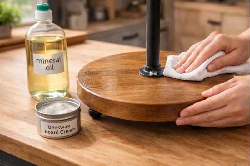 applying mineral oil to a dry wood tier and buffing