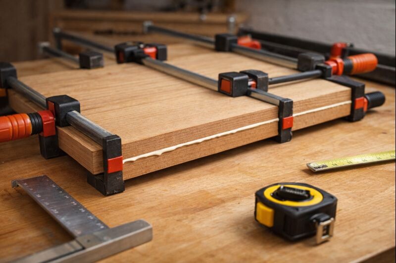 panel glue up showing even clamp spacing and cauls