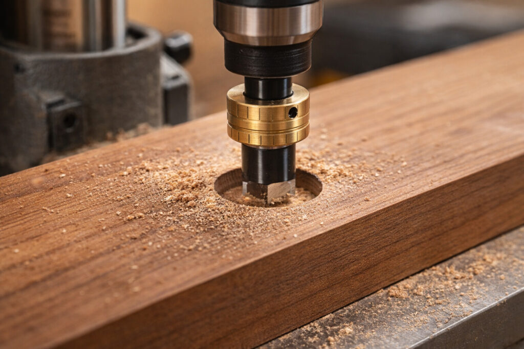Close-up of drilling a flat-bottom counterbore with a depth stop collar for consistent plug hole depth.