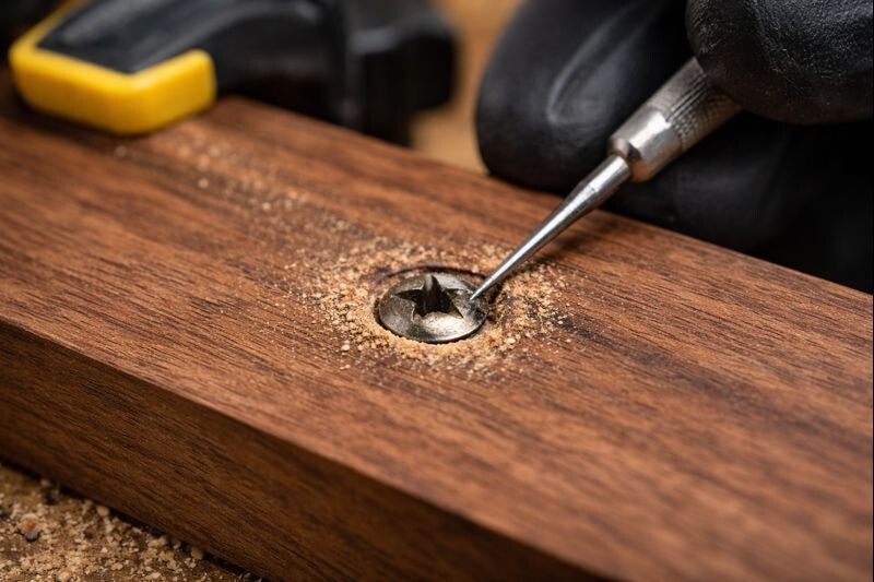 countersunk screw sitting below walnut surface
