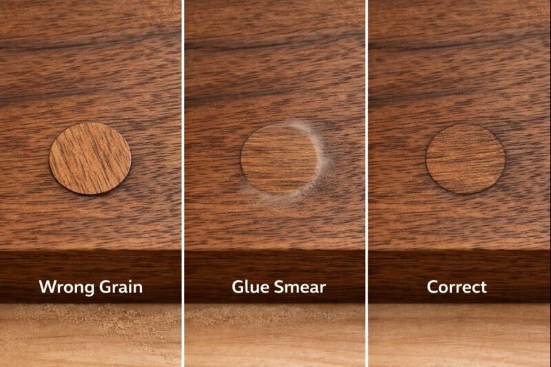 Side-by-side comparison showing wrong grain plug, glue smear halo, and correct plug repair on stained wood