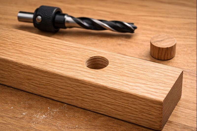Drilled hole beside a dowel plug test-fit on a hardwood rail, showing snug alignment before gluing