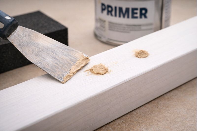 Putty knife pressing wood filler into small screw holes on a painted tray stand part before sanding