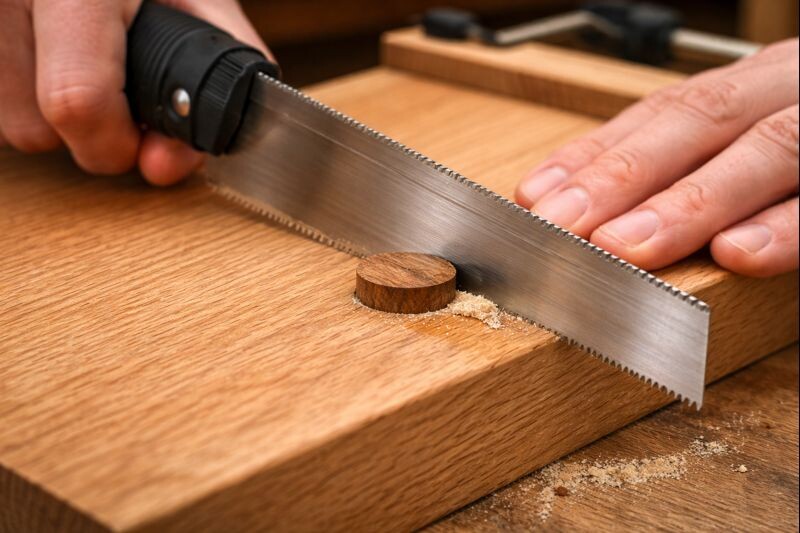 Flush-cut saw trimming a wood plug level with a hardwood surface, showing clean cut and tight fit