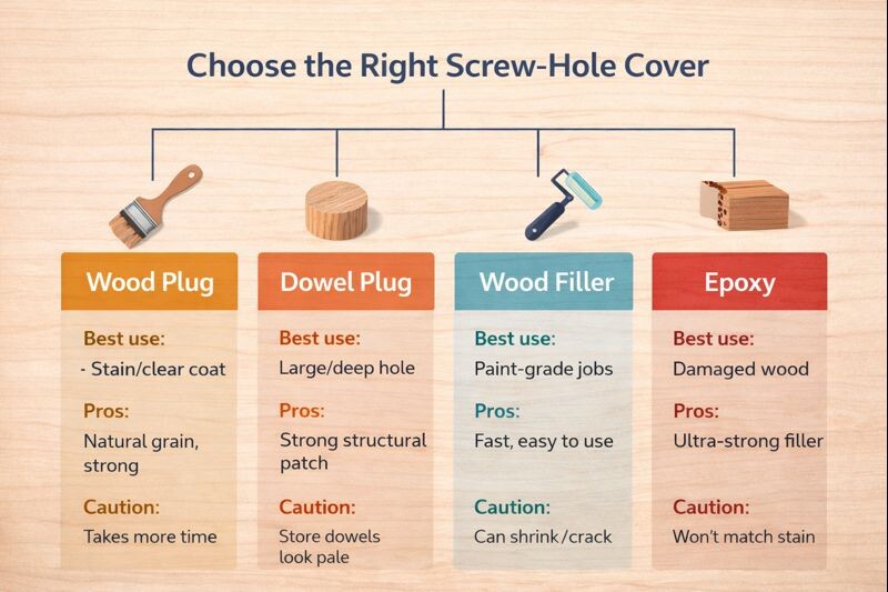 Infographic showing which screw-hole cover method to use for stain, paint, deep holes, and damaged wood