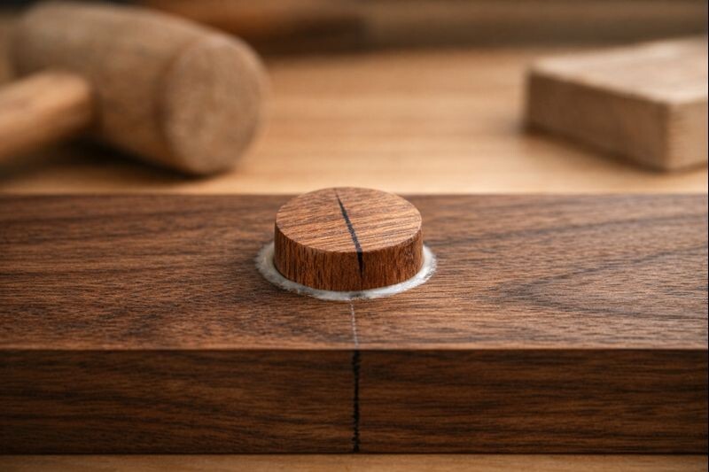 Close-up of a tapered wood plug aligned with grain over a countersunk screw hole on a walnut board