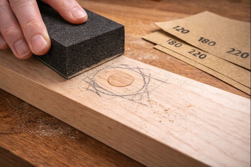 Sanding block feathering around a plugged screw hole on a wood board to prevent halos before finishing