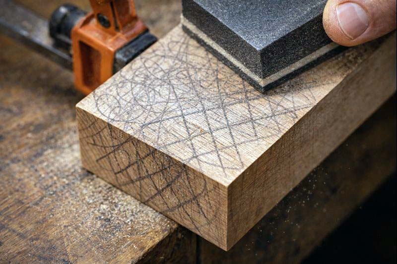 pencil marks and crosshatch strokes on end grain while sanding
