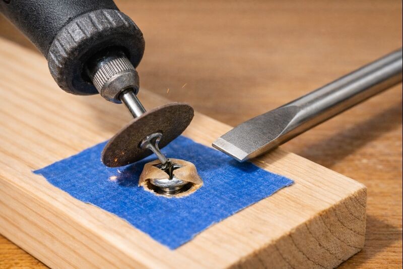 rotary tool cutting a straight slot across a rounded screw head