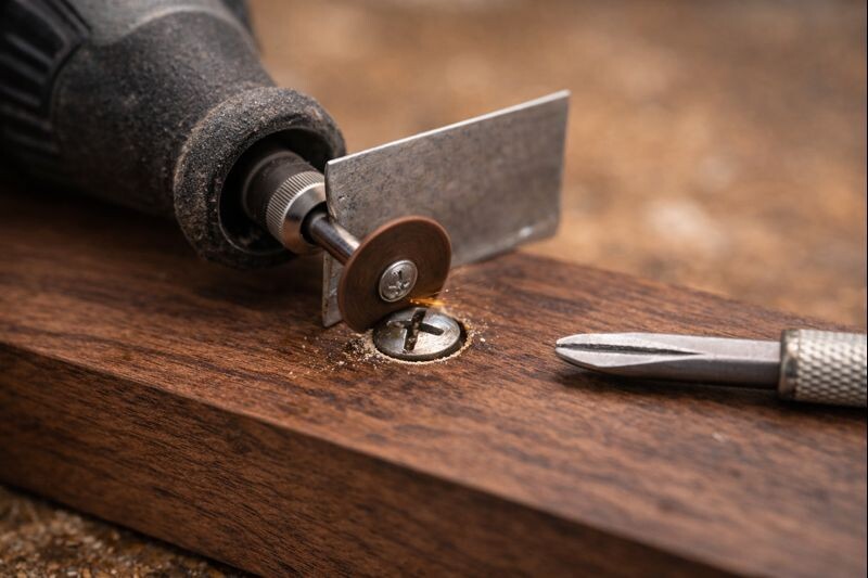 rotary tool cutting a slot into a rounded screw head
