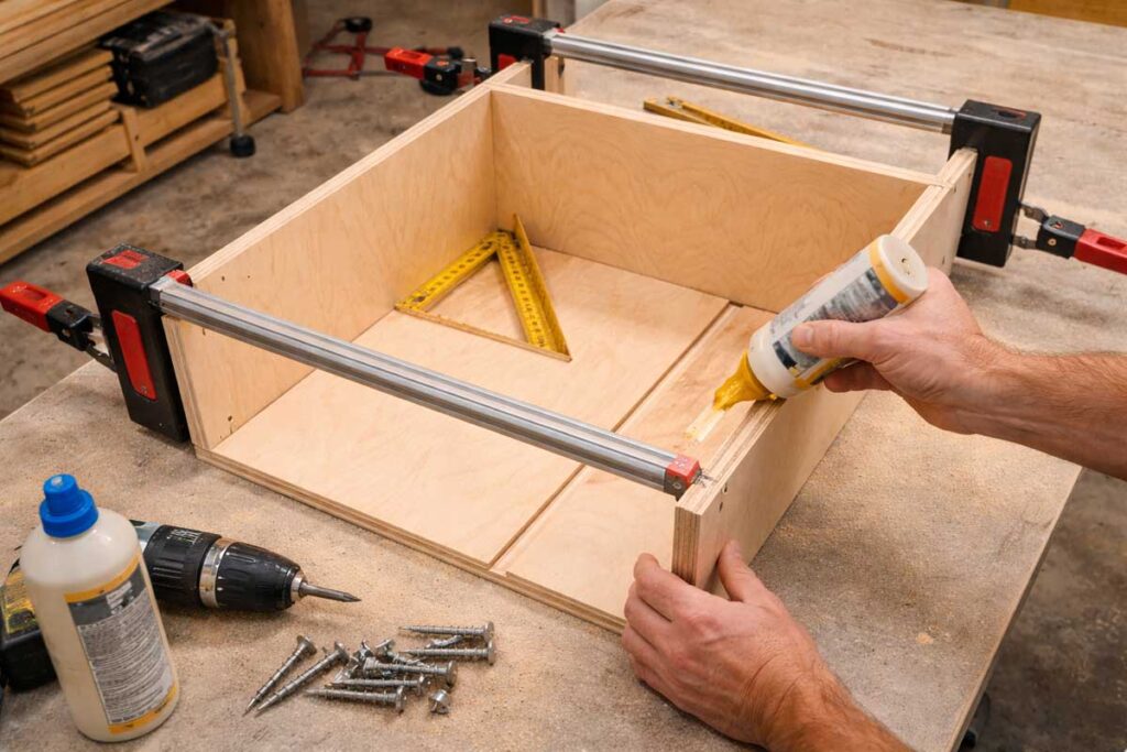 cabinet box assembly using dado joints in birch plywood