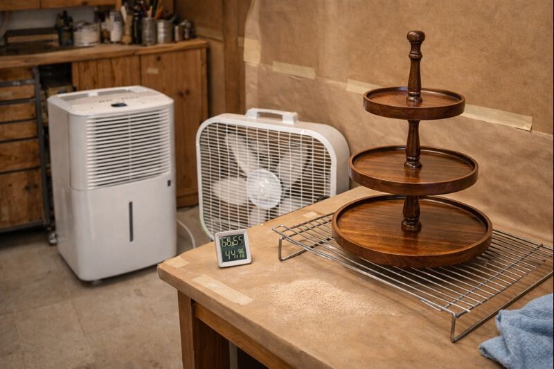 woodworking finishing area with dehumidifier fan and drying rack