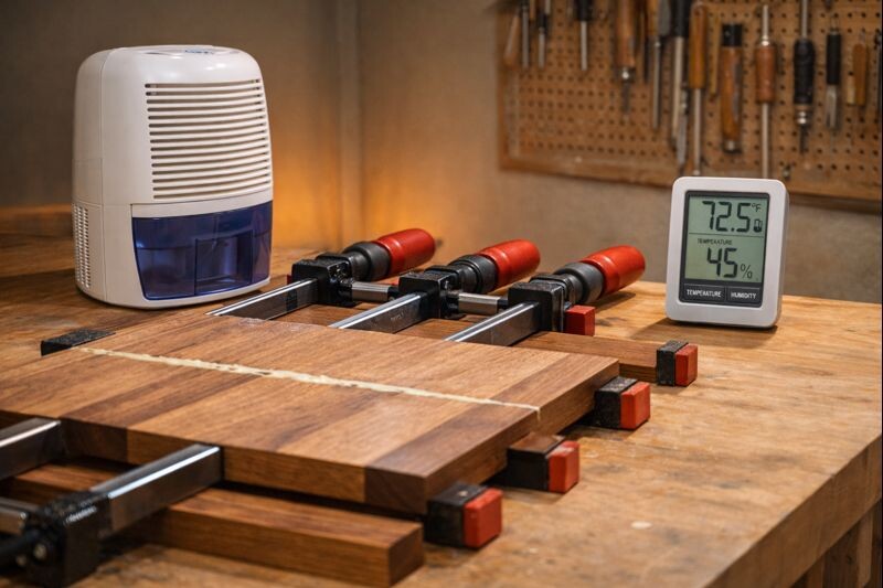 panel glue up with hygrometer reading low humidity