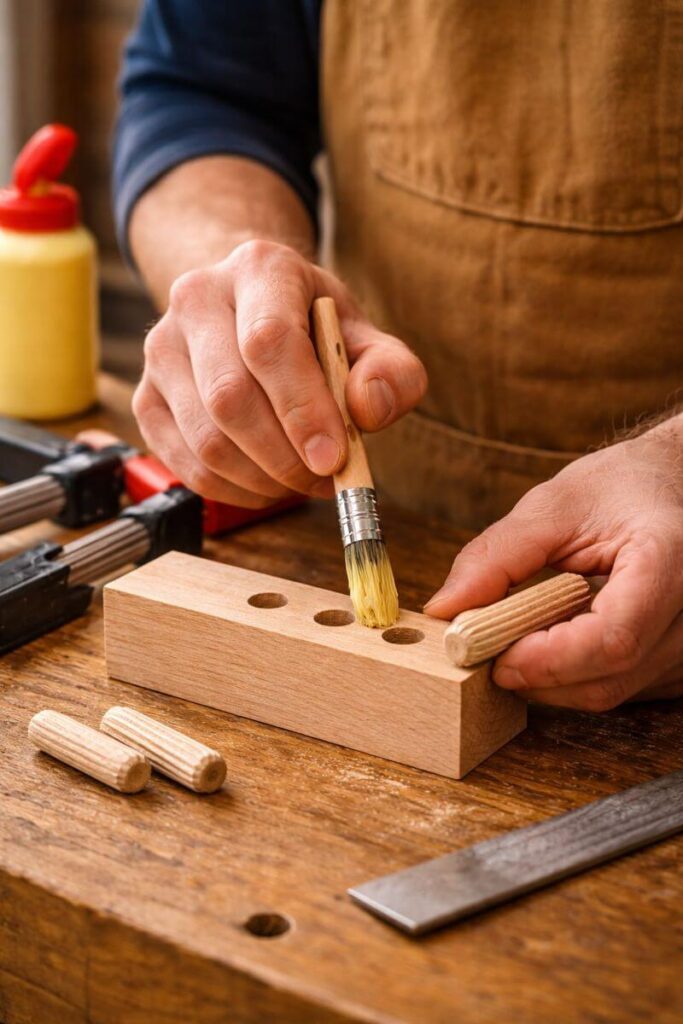 hands gluing a dowel joint at a workbench