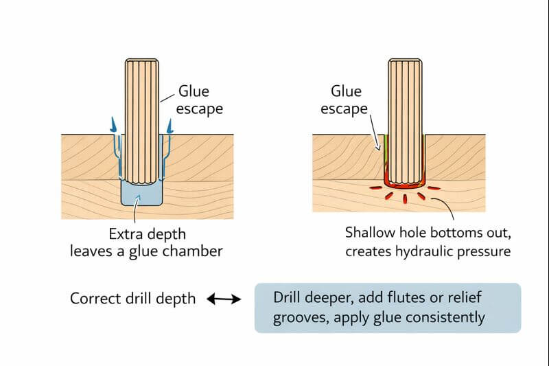 diagram showing dowel hole depth and glue escape paths