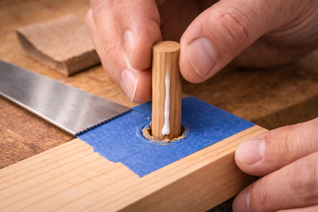 gluing a hardwood dowel to repair a worn screw hole
