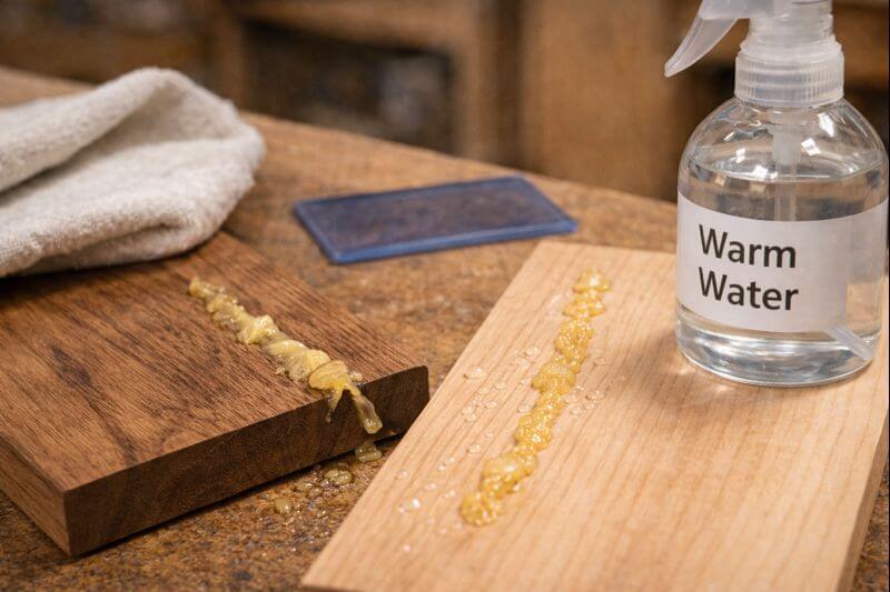 dried glue beads on oak and maple close up