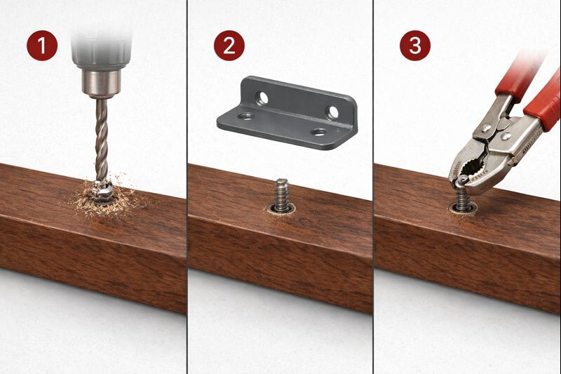 three step visual for drilling off a screw head and removing shank