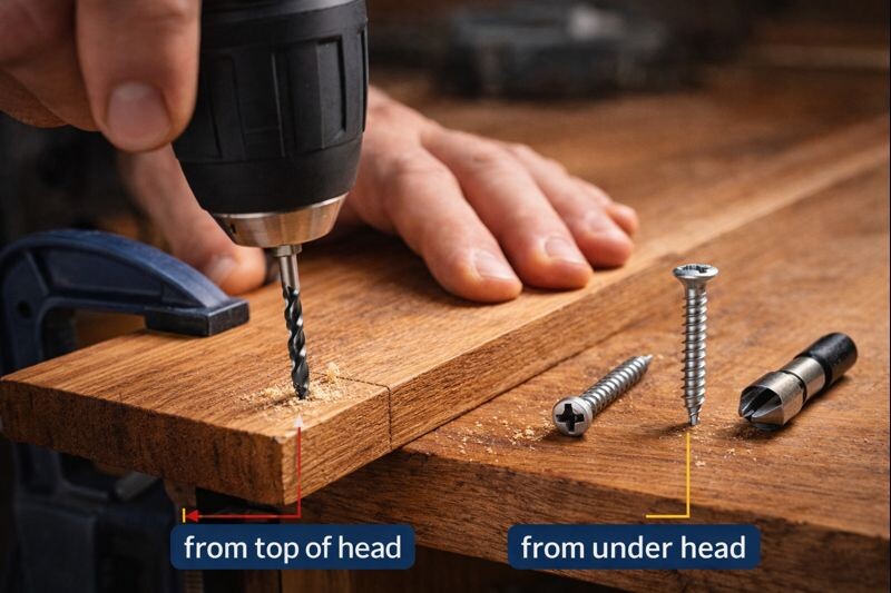 drilling a pilot hole in hardwood before driving a screw