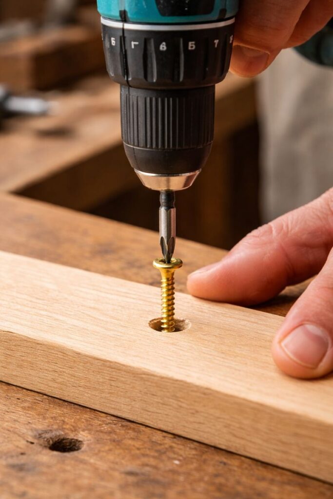 drilling and driving a wood screw into hardwood board