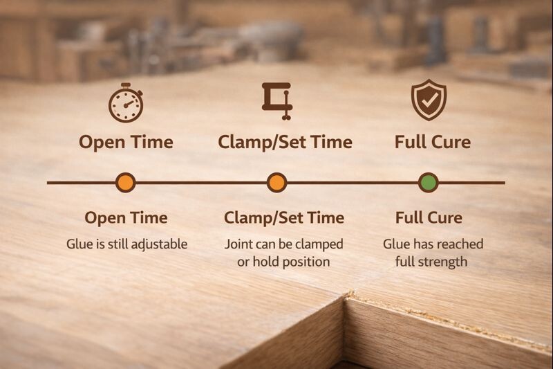 timeline showing open time clamp time and full cure