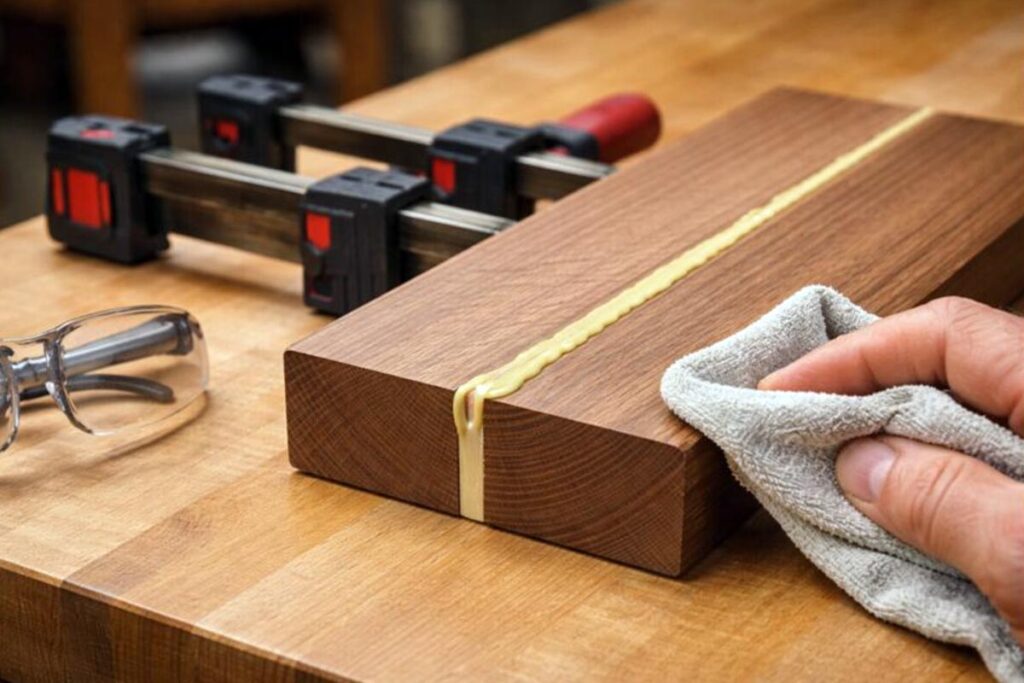 hardwood boards clamped with thin glue squeeze out being wiped