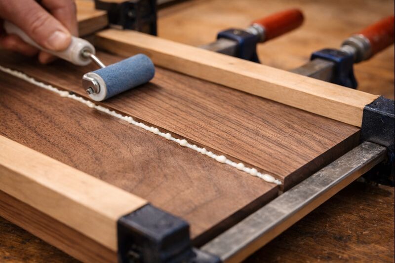 clamped walnut edge joint with even squeeze out