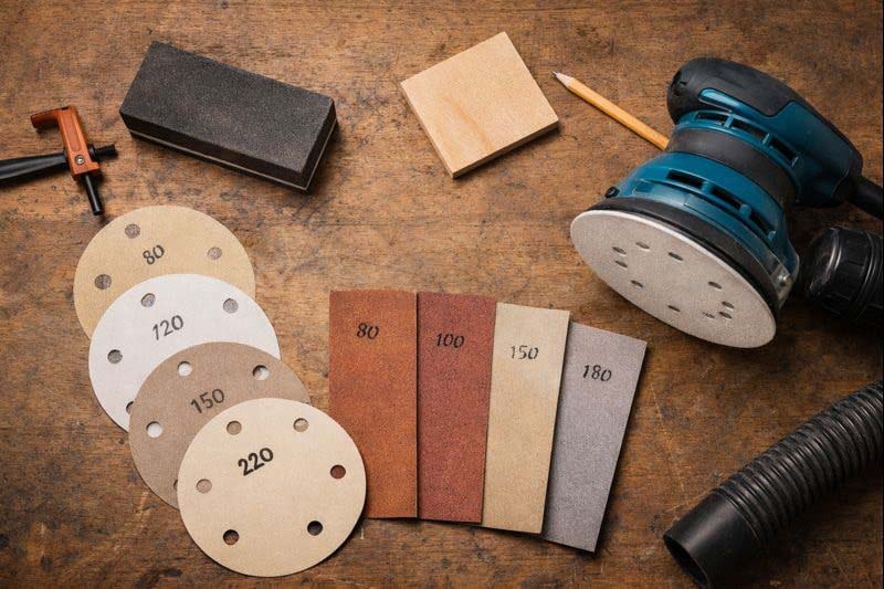 block orbital sander and grit papers on a bench