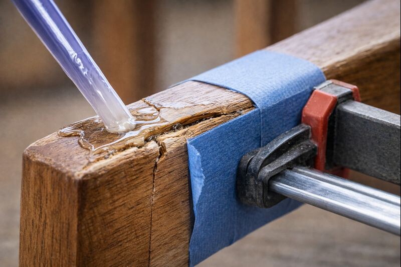 epoxy being spread into cracked chair leg
