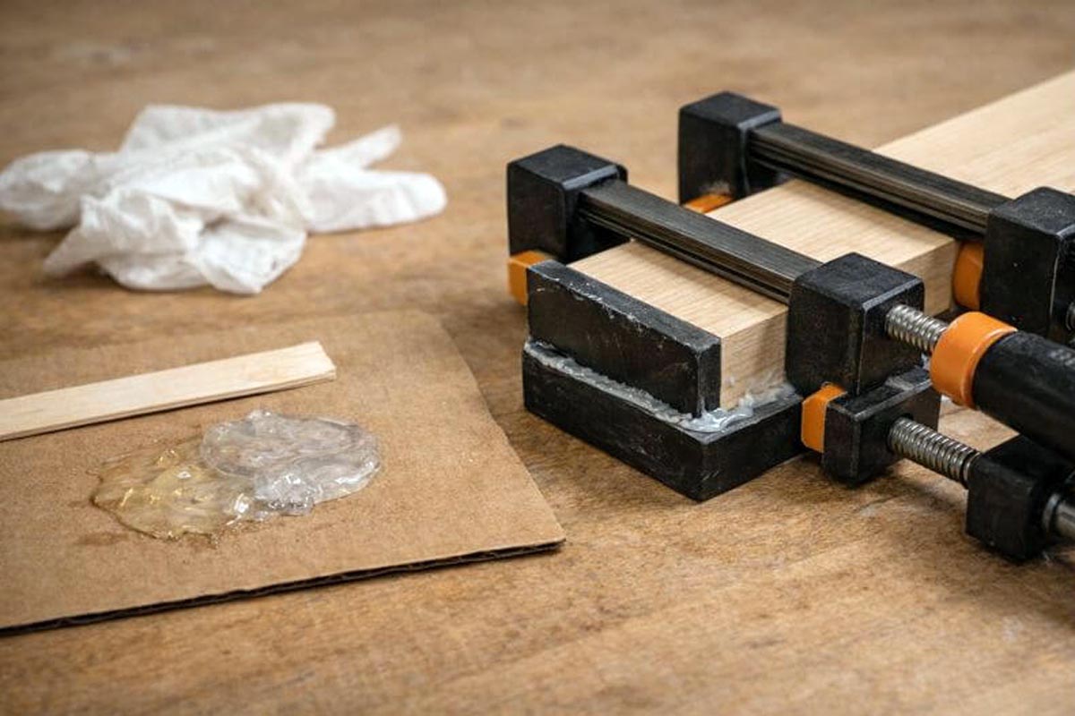 two part epoxy mixed beside a clamped plastic to wood repair