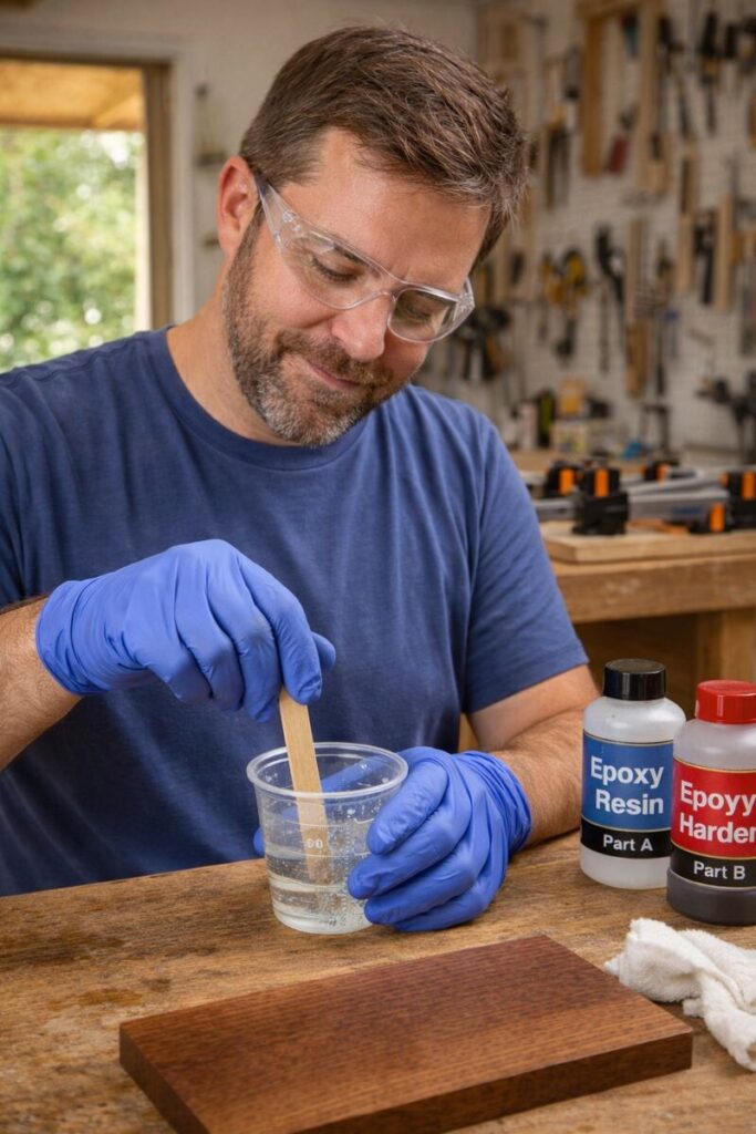 woodworker wearing gloves and eye protection while mixing epoxy