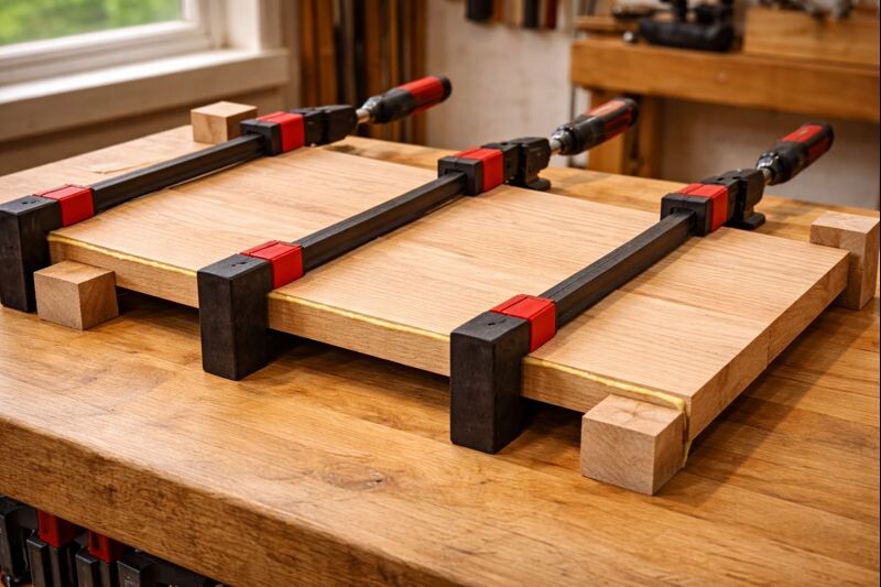 even squeeze out bead along clamped panel glue up