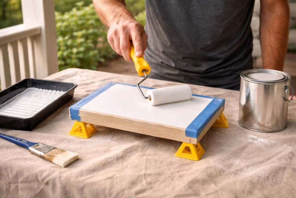 rolling exterior primer onto a small wood sign panel