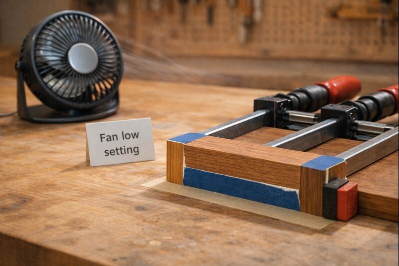 fan positioned to move air across a clamped corner joint