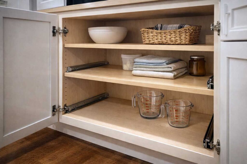 prefinished plywood cabinet interior with shelves and clean edges