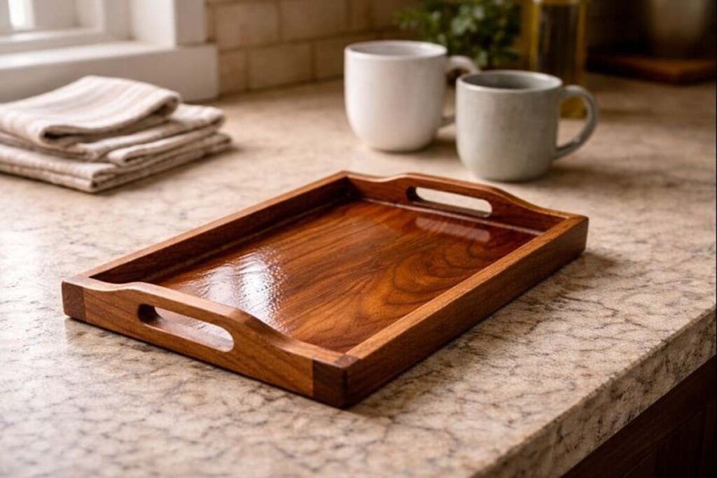 finished wooden tray with glossy sealed surface
