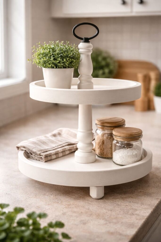 Finished two-tier tray stand with hidden fasteners, matte white paint and smooth tiers styled for a kitchen counter.