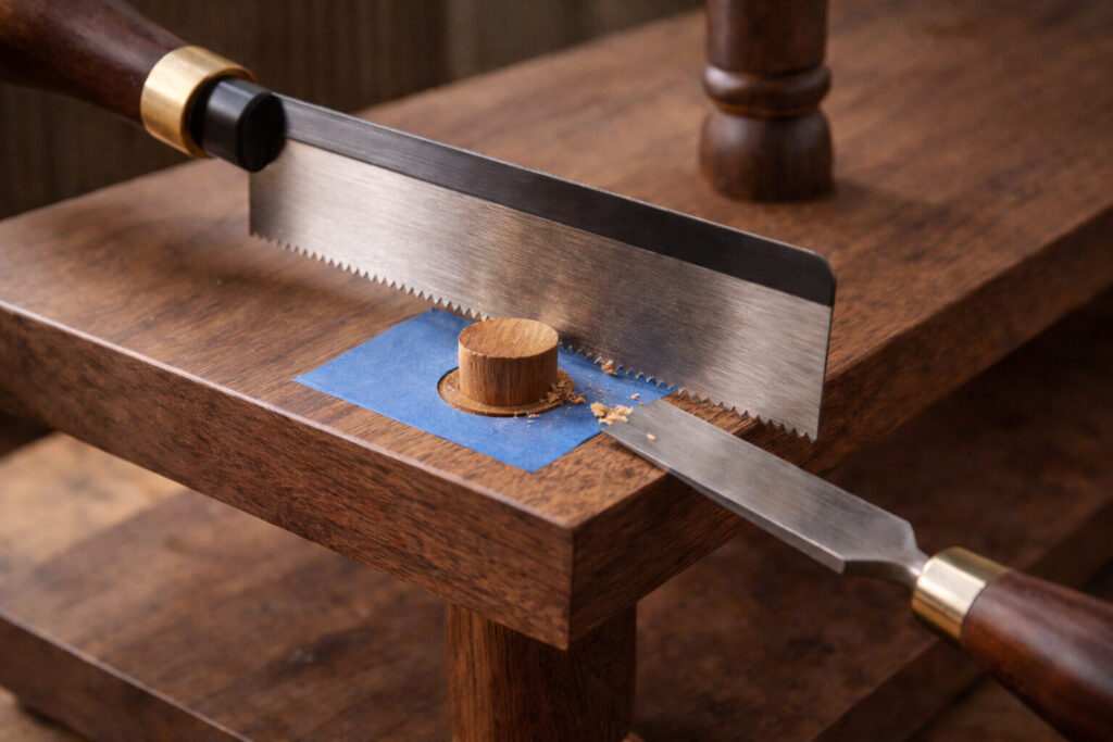 Flush-cut saw trims a wood plug nearly flush on a tray stand shelf, tape protection in place and chisel ready for cleanup.